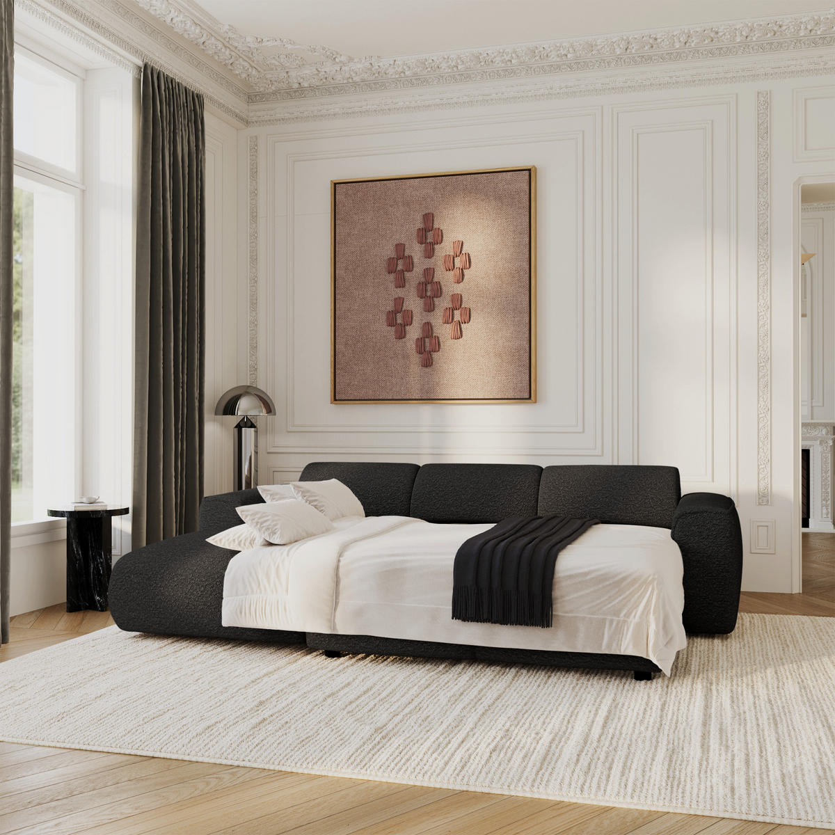 ECKSCHLAFSOFA Bouclé-Stoff Schwarz 283cm - Schwarz, Textil (283/180cm) - Sia Home