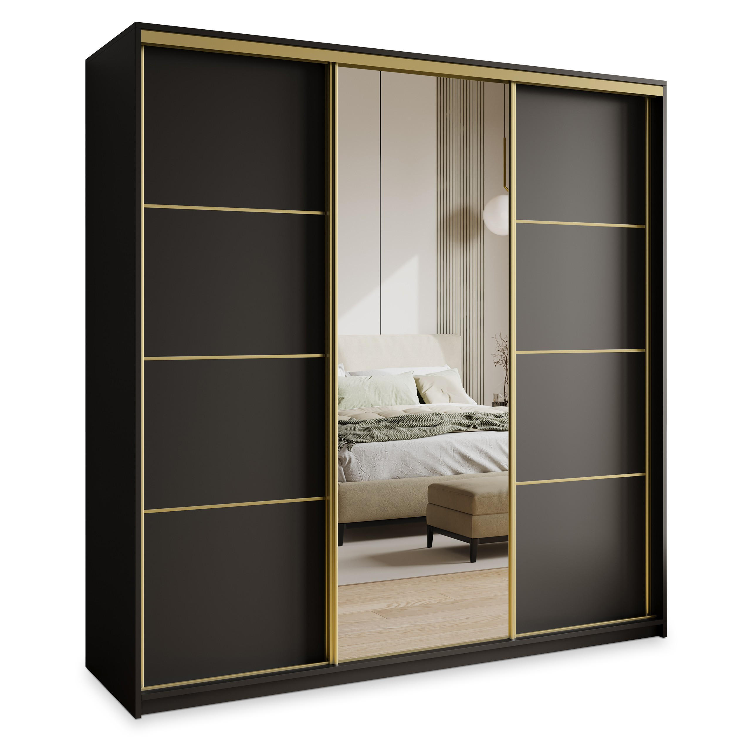 SCHWEBETÜRENSCHRANK VARO 180/205/60 cm 3-türig mit Spiegel und Schubladen Schwarz - Goldfarben/Schwarz, Holzwerkstoff (180/205/60cm) - MASSENO