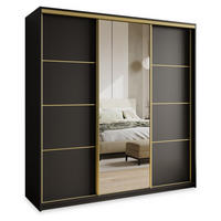SCHWEBETÜRENSCHRANK VARO 180/205/60 cm 3-türig mit Spiegel und Schubladen Schwarz - Goldfarben/Schwarz, Holzwerkstoff (180/205/60cm) - MASSENO