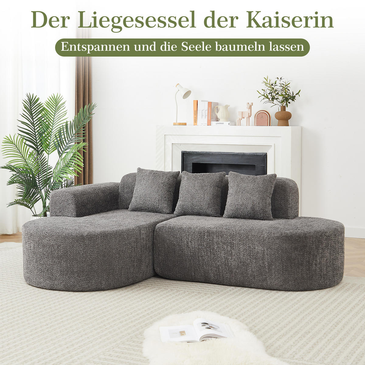 ECKSOFA 222/157/73 cm Grau Chenille mit 3 Kissen (Linke Seite) - Anthrazit, Textil (157/222cm) - Oxeza