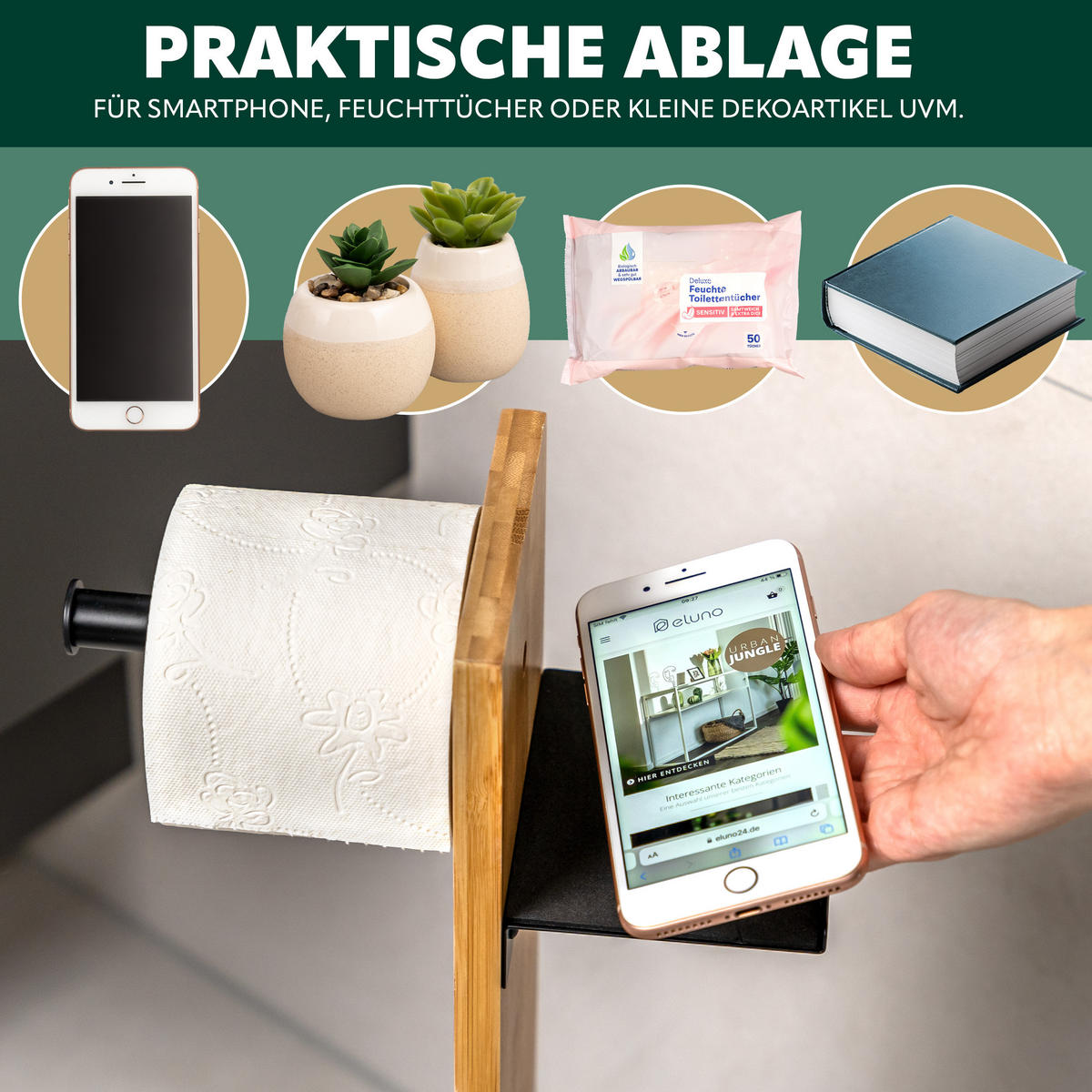 WC-BÜRSTENKOMBINATION 4in1, Bambus/Metall, schwarz - Schwarz, Holz (23/68/18cm) - eluno