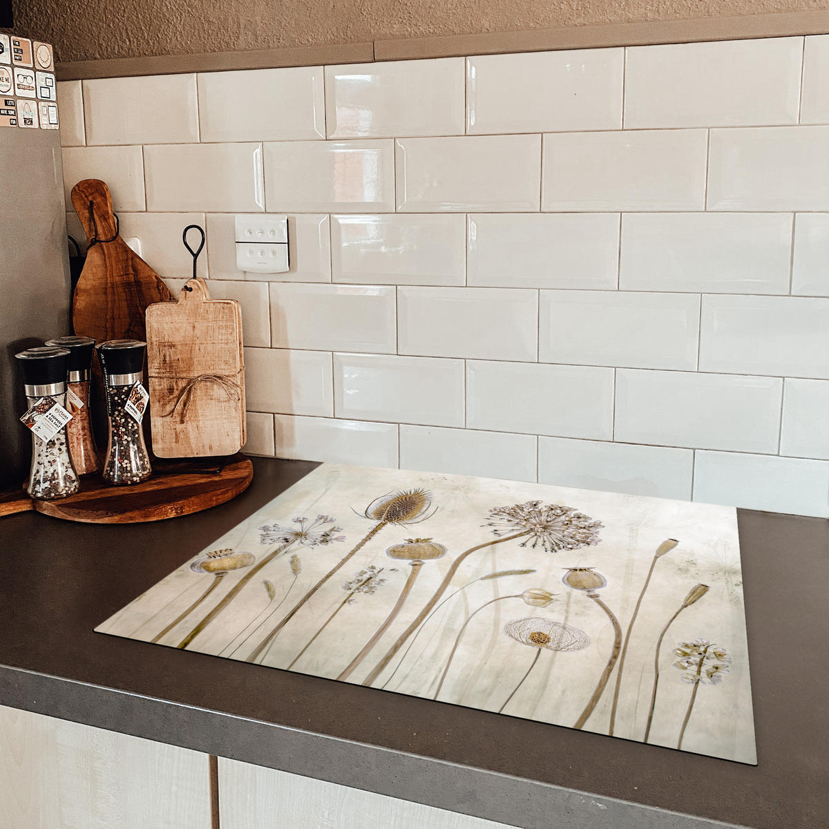 HERDABDECKPLATTE Blumen - Aquarell - Stilleben - Braun - Vintage Herdabdeckung Induktionsfeld 65x52 cm - Sandfarben, Kunststoff (65/52/0.2cm) - MuchoWow