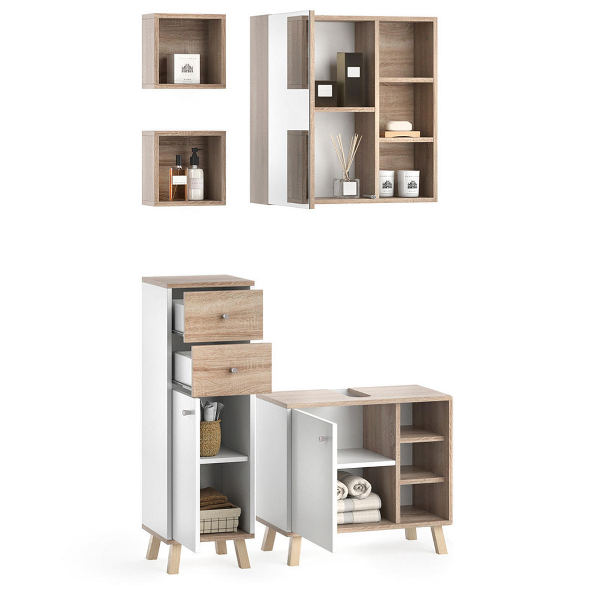 BADMÖBEL-SET Senyo Weiß 4 Teile - Weiß/Sonoma Eiche, Holzwerkstoff (62/54/32cm) - Vicco