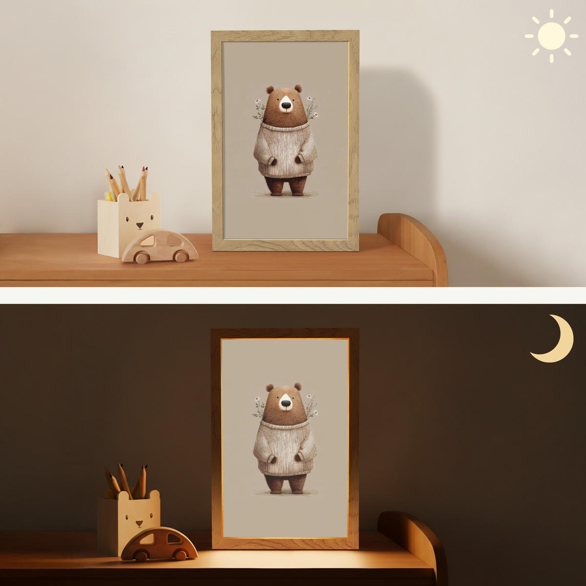 NACHTTISCHLAMPE Bär - Weiße Blumen - Gemütlich 20x30 cm - Taupe, Holzwerkstoff (8/20/30cm)