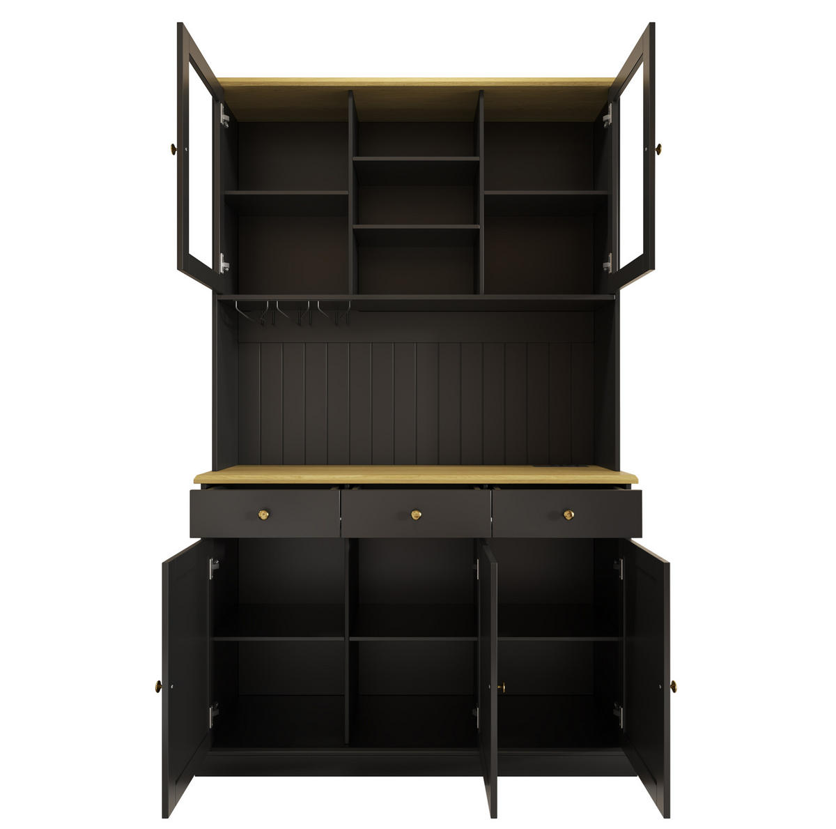 BUFFETSCHRANK aus Spanplatte 120x40x191 cm Schwarz mit Glastüren, Gläserhalter und Steckdosen - Schwarz, Holzwerkstoff (120/191/40cm) - IVMEU