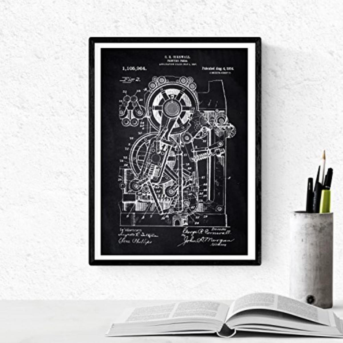 POSTER Set mit 4 Schwarz Druckerei Patent A4 Schwarzer Rahmen - Schwarz, Papier (29.7/3cm) - Nacnic