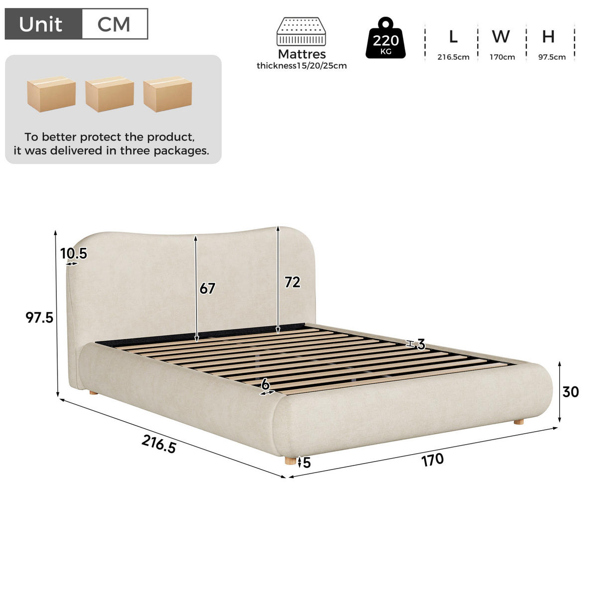 POLSTERBETT aus Chenille 160x200 cm Beige mit hydraulischem Bettkasten und Lattenrost - Beige, Textil (160/200cm) - Modfu
