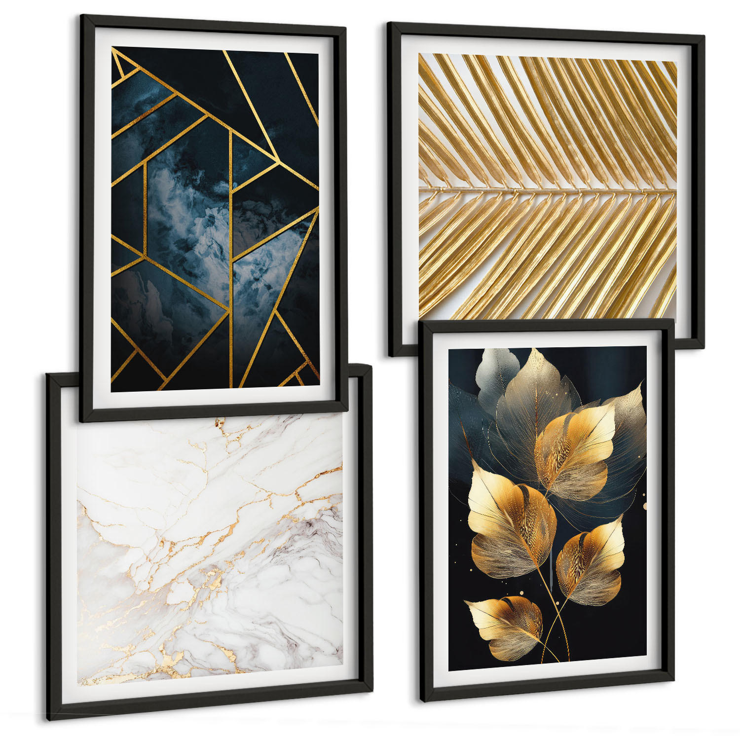 BILDER SET 4er Set - 50x50 cm & 40x60 cm Schwarzer Rahmen - Moderne Pflanzenmuster - Schwarz, Kunststoff (50/50cm) - TULUP