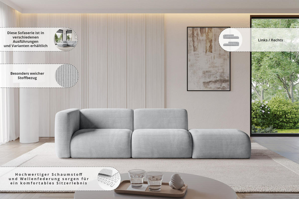 SOFA Ottomane Links MIRA-S3 296x89x70 Schwarz Velours - Schwarz, Holzwerkstoff/Kunststoff (296/70/89cm) - ALTDECOR