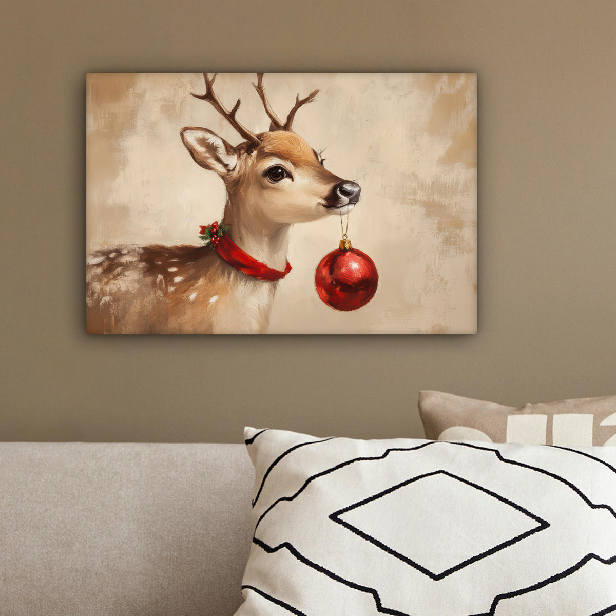LEINWANDBILD Weihnachten - Hirsch - Geweih - Weihnachtskugel - Rentier 30x20 cm - Hellbraun, Textil (30/20cm) - MuchoWow