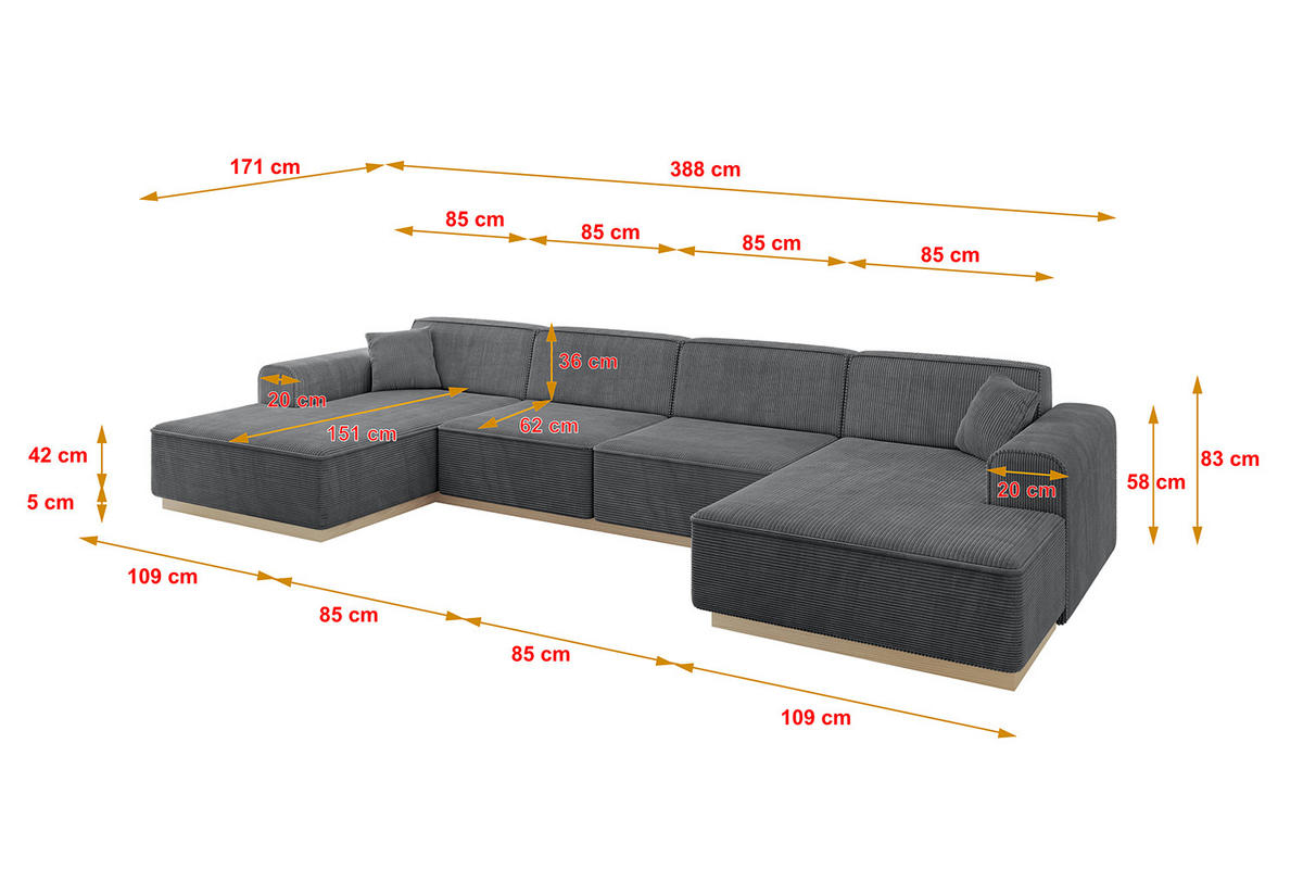 WOHNLANDSCHAFT IREA-U2 - 388x171x83 cm Duneklgrau - Dunkelgrau/Anthrazit, Holzwerkstoff/Textil (388/83/171cm) - ALTDECOR