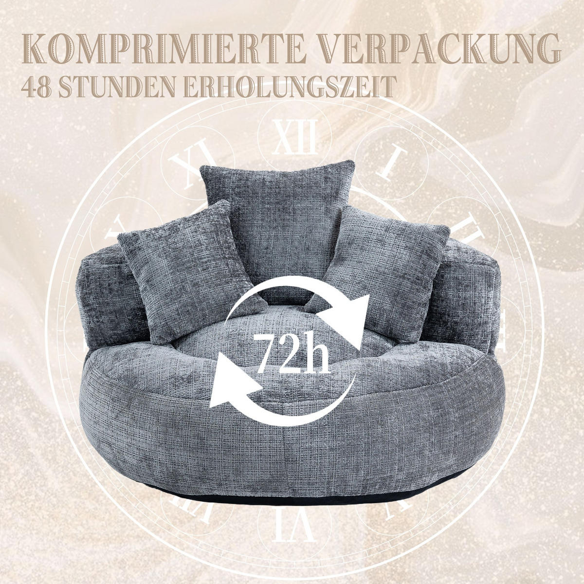 SITZSACK Chenille, Sofa mit 3 extra Kopfkissen,Grau - Grau, Textil (108/52/108cm) - LVHOM