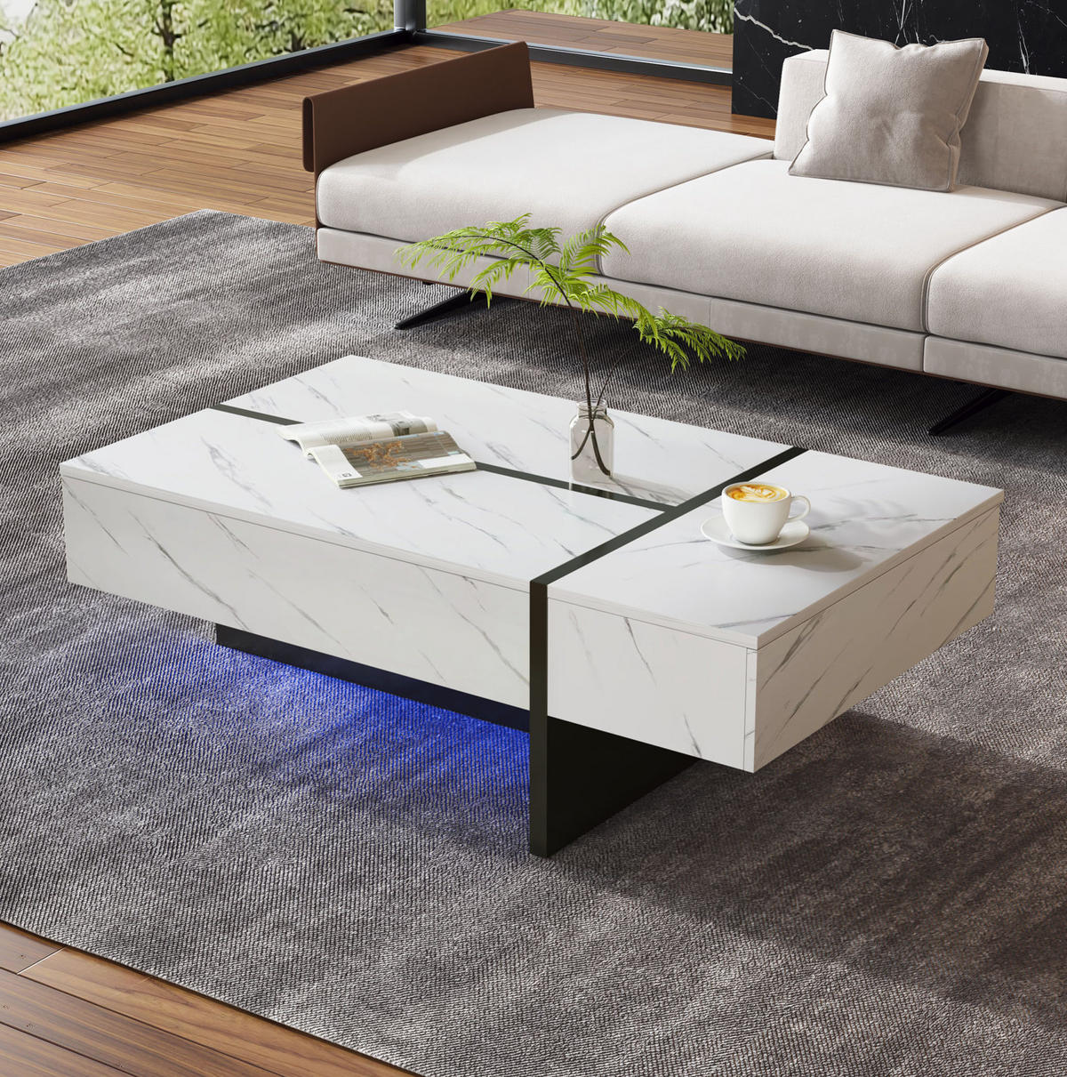 COUCHTISCH mit LED und 3 Schubladen 105 x 60 cm Weiß - Weiß, Holzwerkstoff (105/60/35cm) - Meubliv