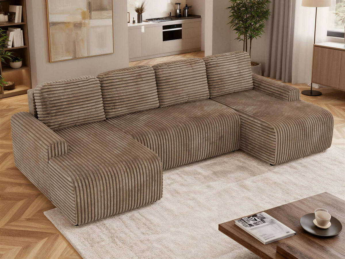 WOHNLANDSCHAFT NESSARO U Braun Cord - Schwarz/Braun, Kunststoff/Textil (312/92/151cm) - MKS