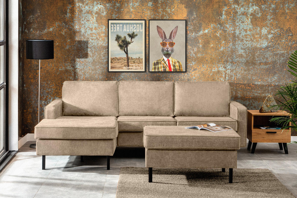 ECKSOFA-LINKS INVIA mit Armlehnen vintage, Lederoptik-Stoff, beige - Beige/Schwarz, Textil (234/160cm) - KONSIMO®