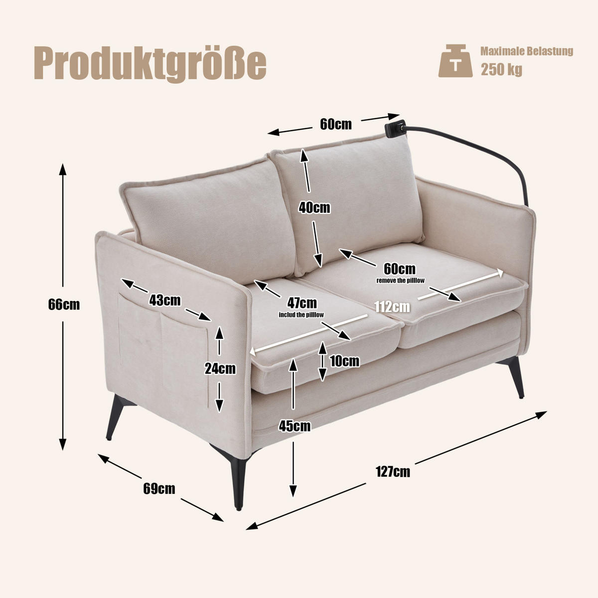 SOFA 2-Sitzer modernes Design mit Handy-Halterung Beige Chenille 127/69/66 cm - Beige, Textil (127/66/69cm) - OKWISH
