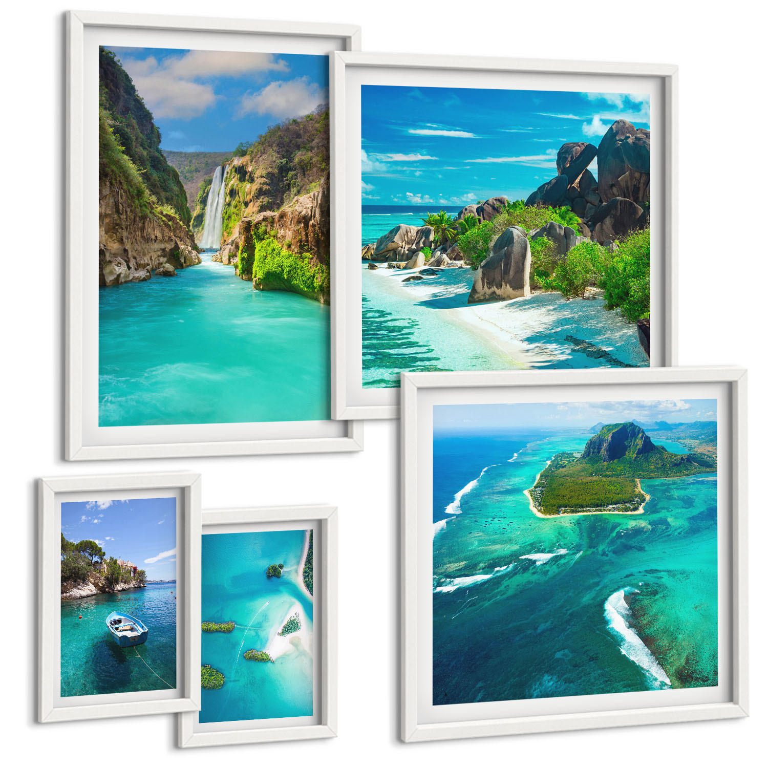 BILDER SET 5er Set - 50x50 cm & 20x30 cm & 40x60 cm Weißer Rahmen - Seeboote Hirsche Berge - Weiß, Kunststoff (40/60cm) - TULUP