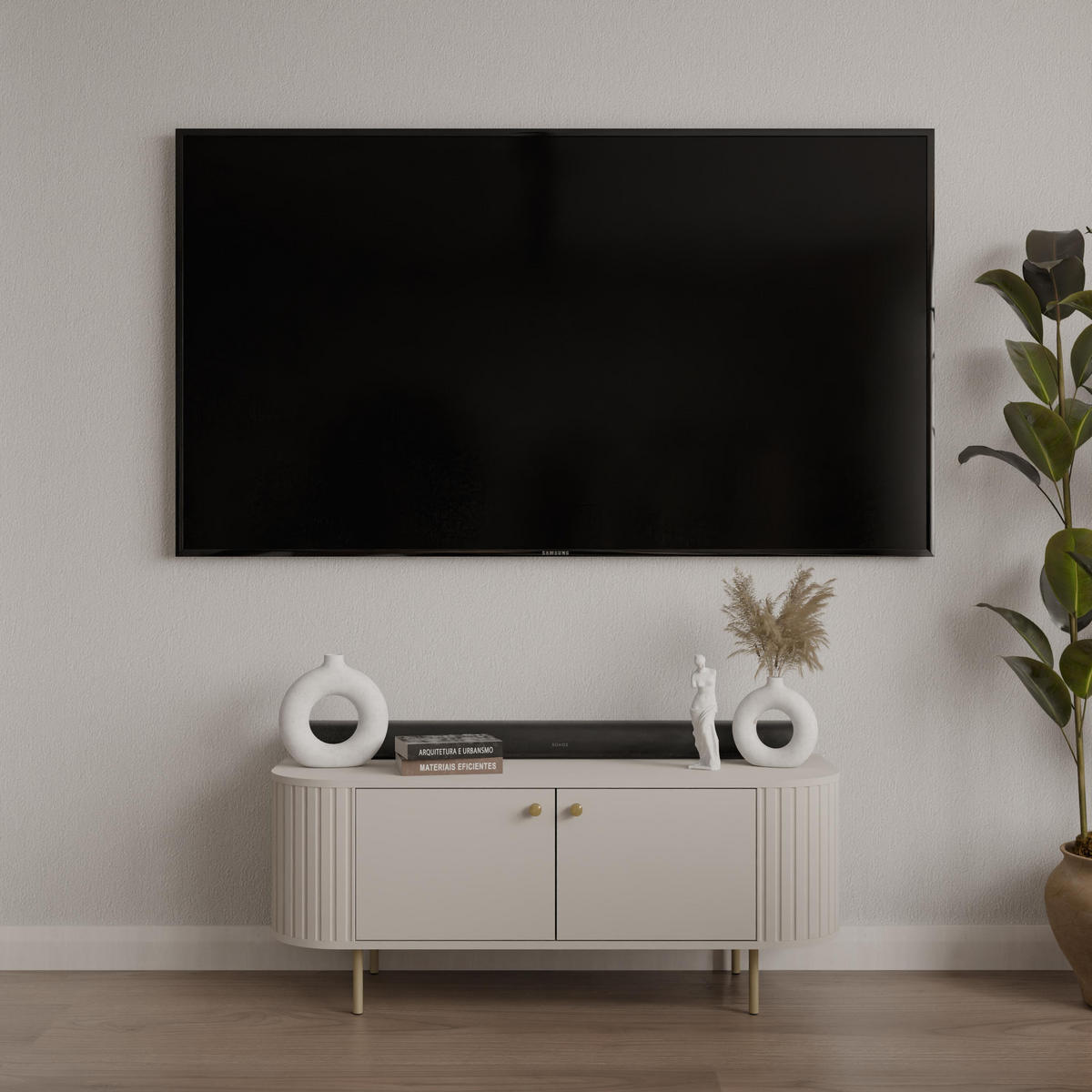 LOWBOARD Halay Beige, 2 Türen Moderne Rillenstruktur 123 cm, mit runden Kanten - Beige/Goldfarben, Holzwerkstoff/Metall (123/50/42.3cm) - AX Living