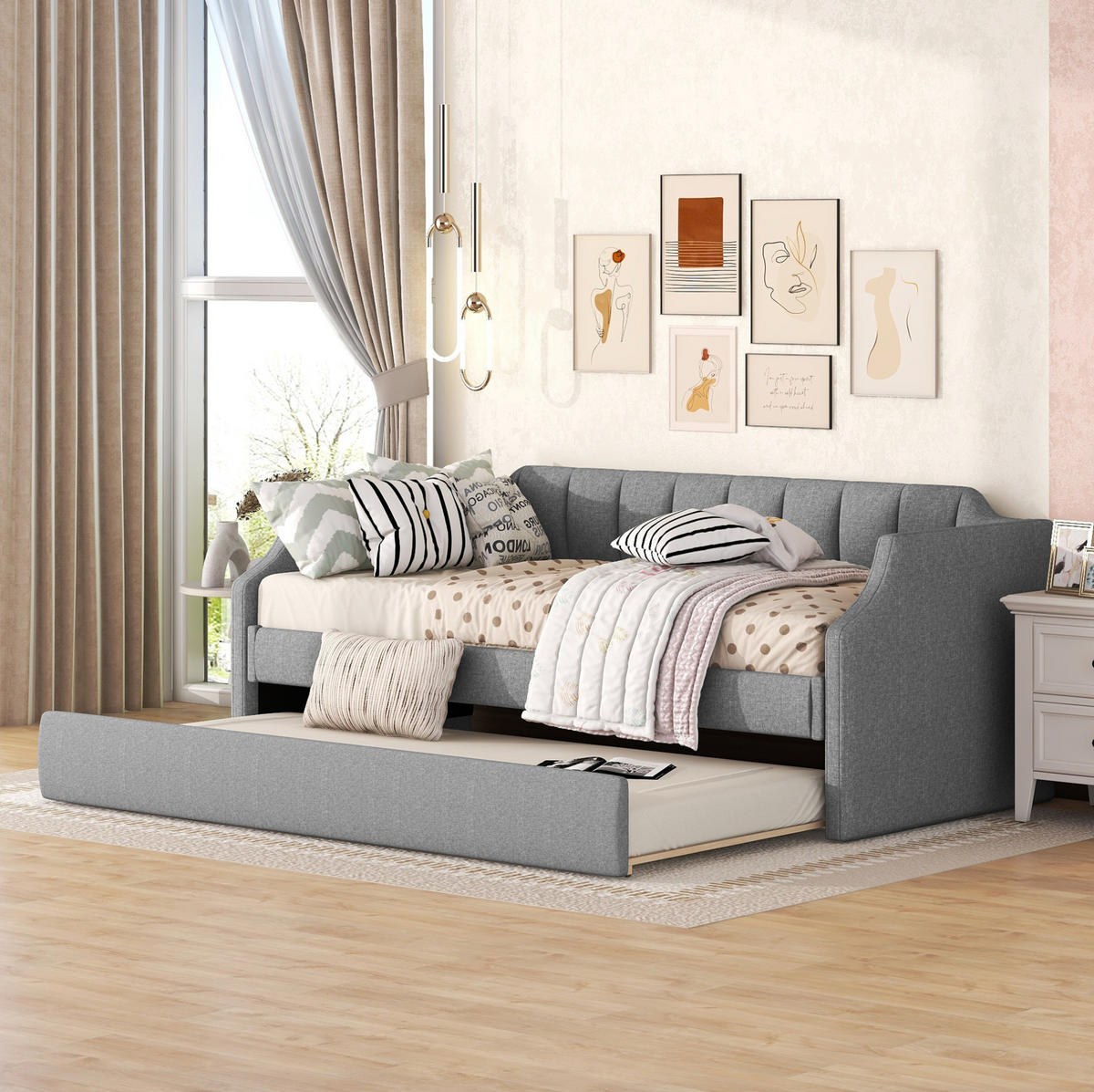 POLSTERBETT 90/200 cm Grau aus Leinen mit Rollbett - Grau, Textil (90/200cm) - OKMYHOME