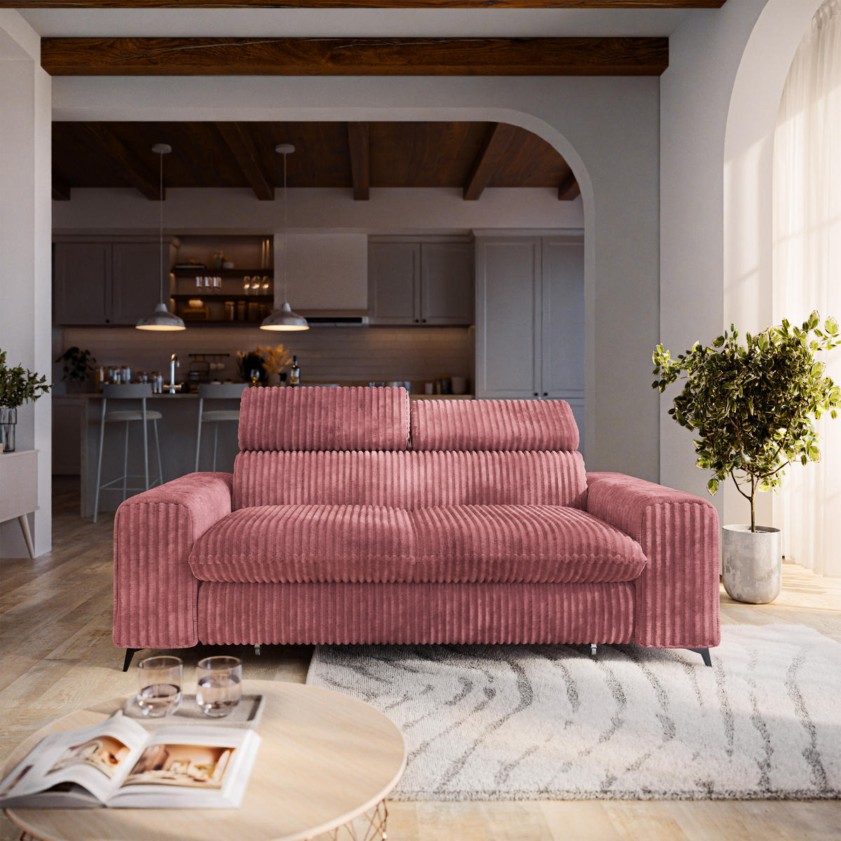 BETTSOFA BENETE Rosa Cordstoff mit Schlaffunktion - Rosa, Holz/Textil (191/89/92cm) - MASSENO