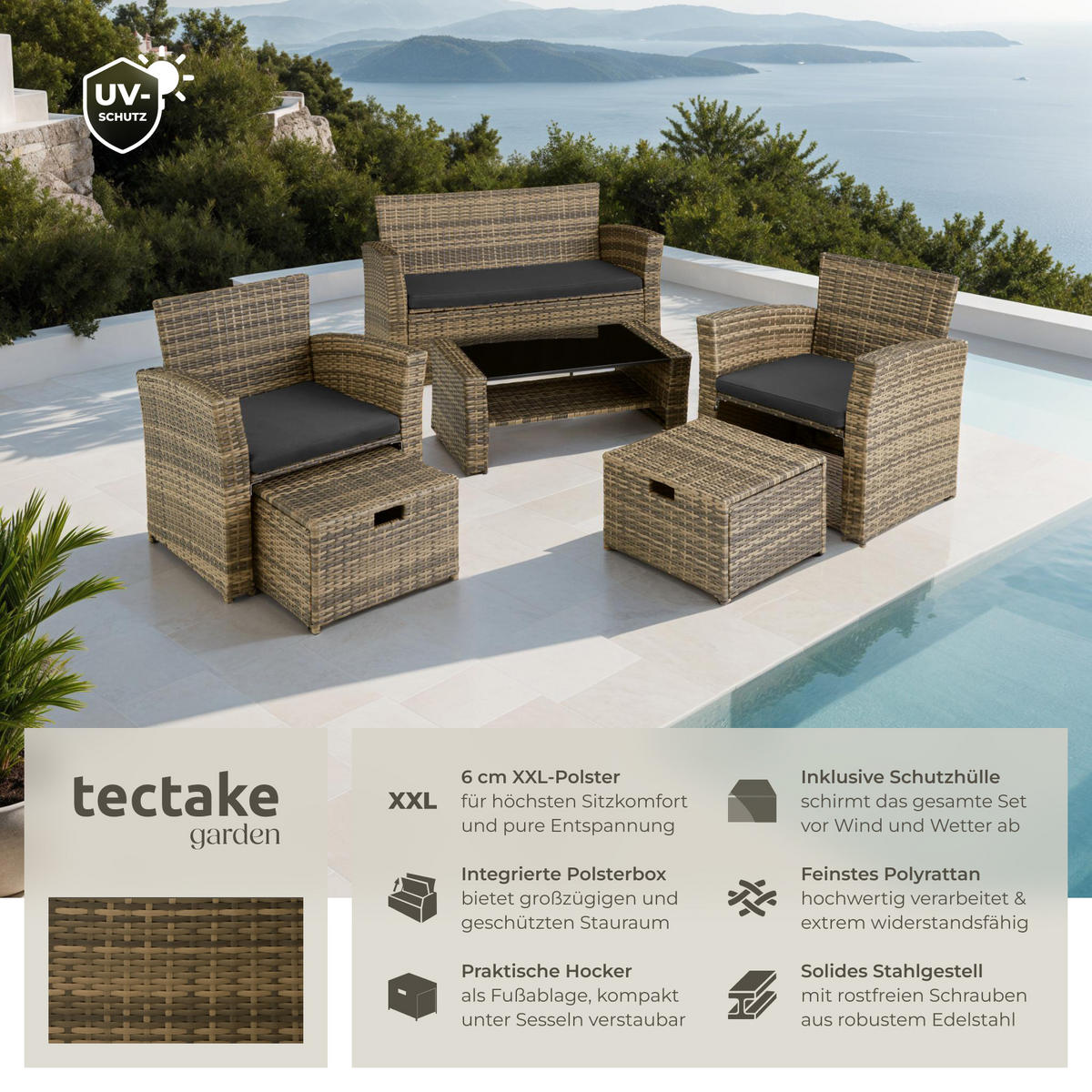 RATTAN SITZGRUPPE Modena,inklusive Staufach und Schutzhülle,natur - Naturfarben, Kunststoff - tectake
