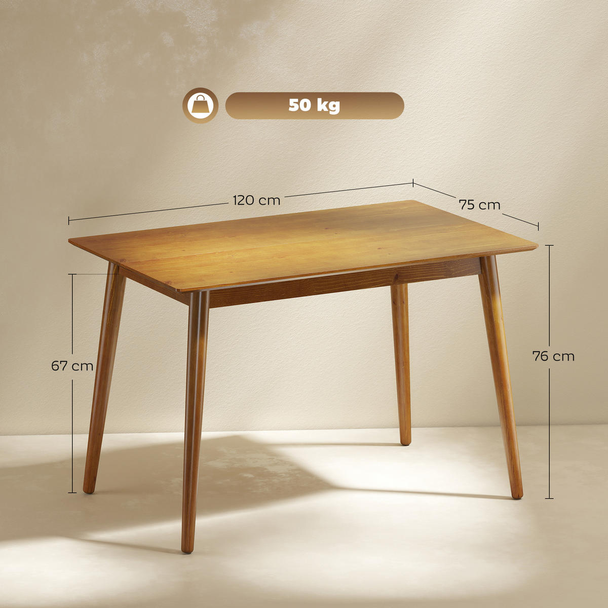 ESSTISCH DE-16482 Retro-Design mit konischen Beinen Naturholz - Braun, Holz (120/75/76cm) - ComfortXL