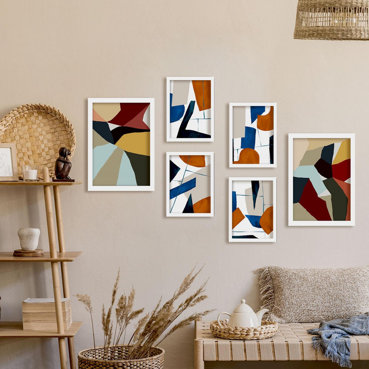 POSTER Set Mit 6 Farbige Kanten In Form Abstracts Ästhetische Dekorative Gemälde Für Ihr Wohnzimmer, Schlafzimmer, Zuhause A3 & A4 Weißer Rahmen - Weiß, Papier (29/3cm) - Nacnic