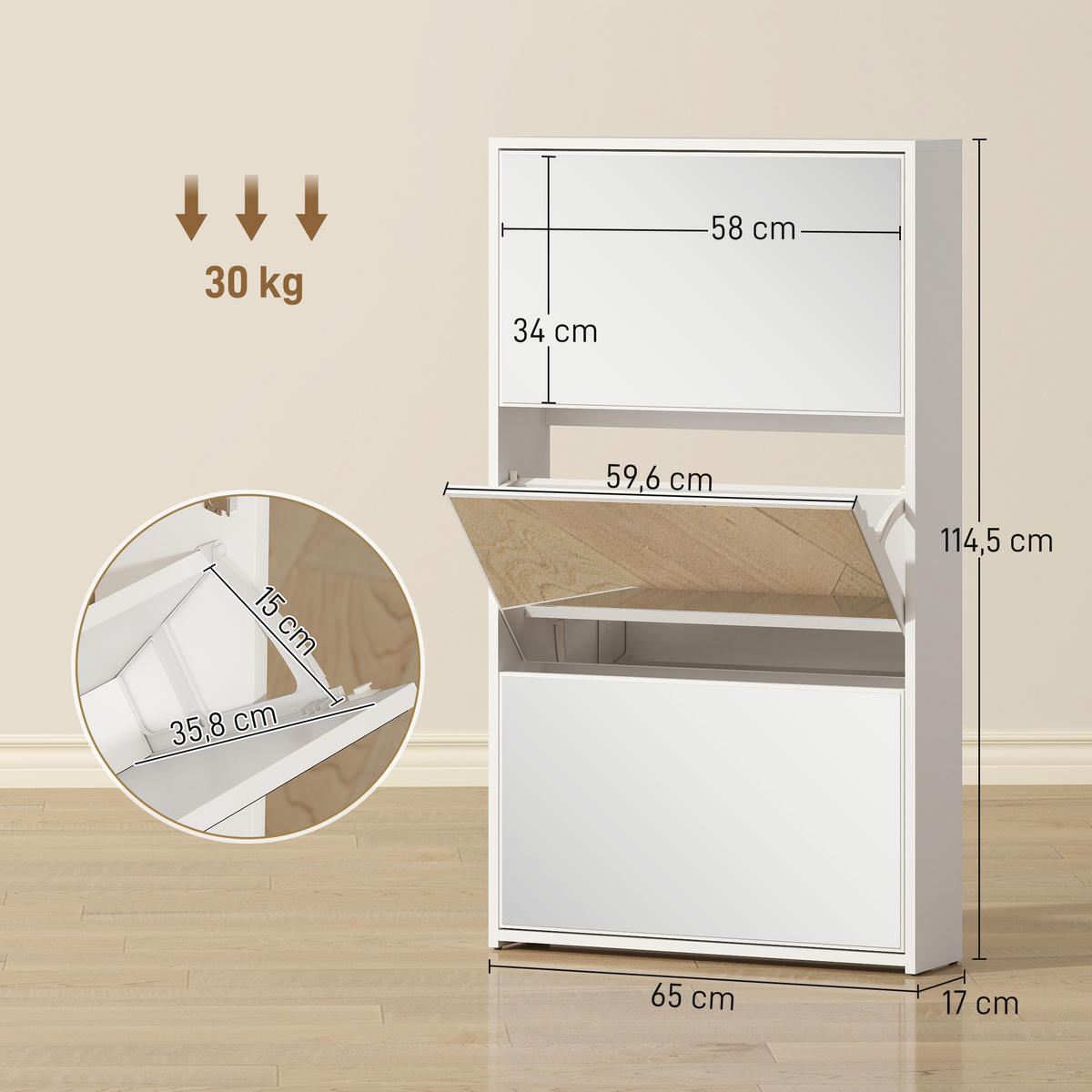 SCHUHSCHRANK,3 Türen mit Spiegel für 9 Paar 65x17x114,5cm,weiß - Weiß, Holzwerkstoff (65/114.5/17cm) - Vallsero