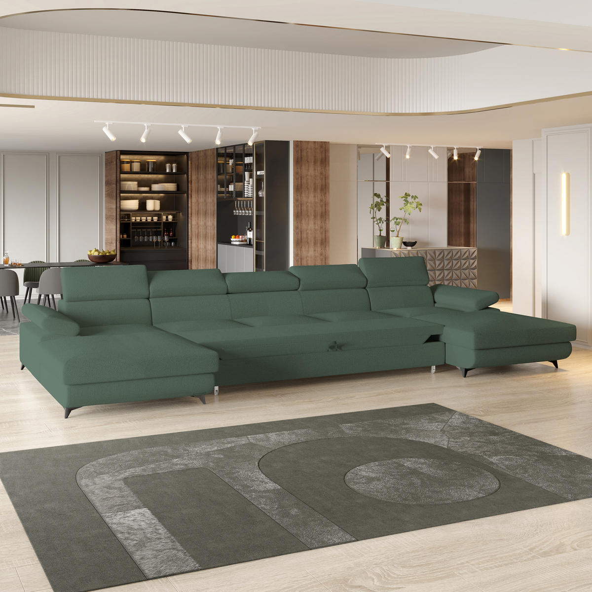 WOHNLANDSCHAFT VIVENTE Grün Boucle-Stoff mit Schlaffunktion - Grün, Holz (410/89/190cm) - MASSENO