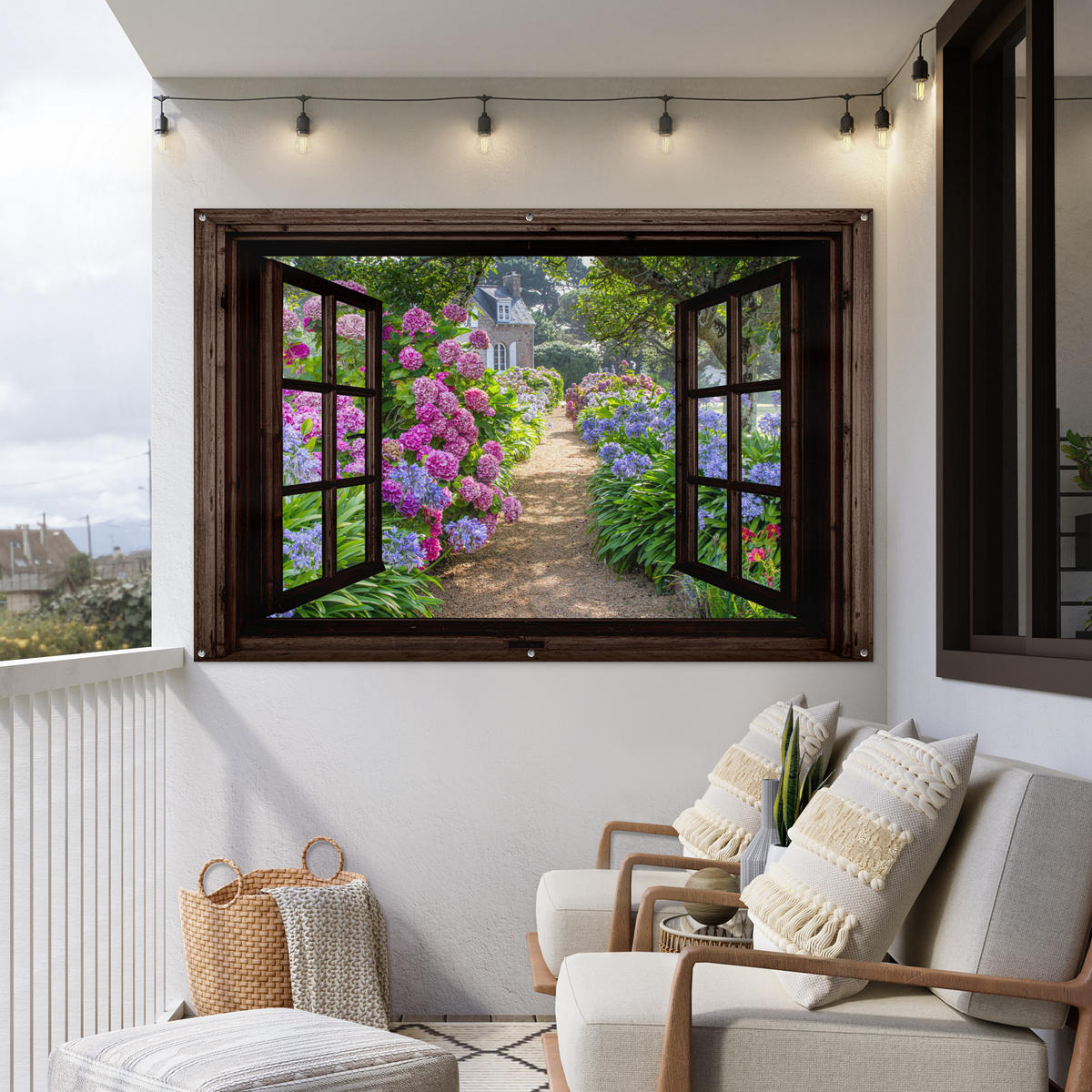 ZAHRADNÍ PLAKÁT Hortenzie - Průhledné - Květiny - Fialové - Příroda - Tmavě hnědé okno 180x120 cm - tmavě hnědá, plast (180/120/0.2cm) - OnlyWow