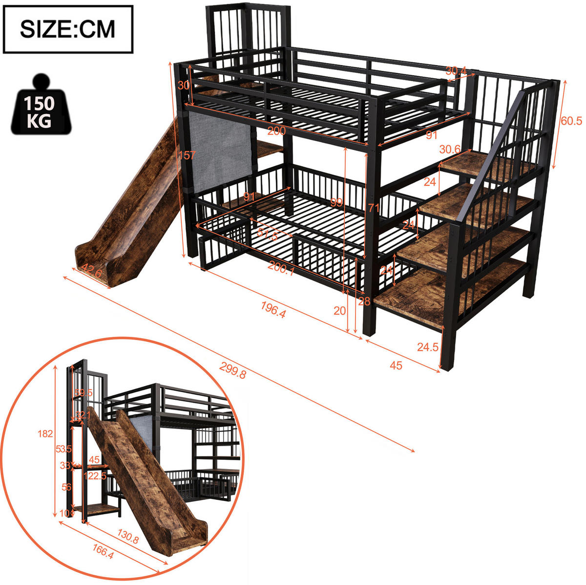 HOCHBETT 90/200 cm aus Metall und MDF mit Rutsche und Stauraumtreppe Schwarz - Schwarz, Metall (90/200cm) - Modenvie