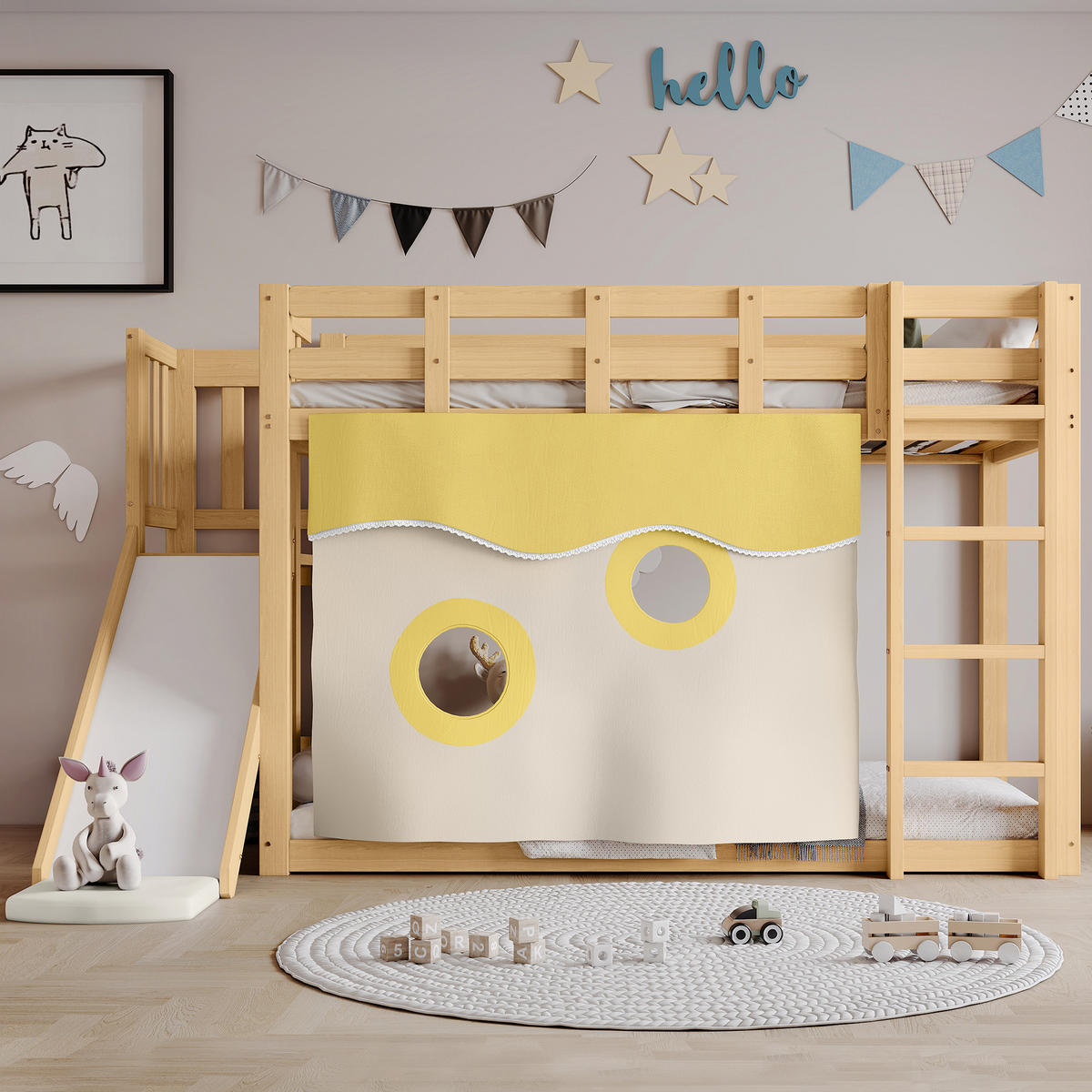 ETAGENBETT 90/200 cm Natur mit Rutsche und Bettvorhang aus MDF/Kiefer - Naturfarben, Holzwerkstoff (90/200cm) - OKWISH