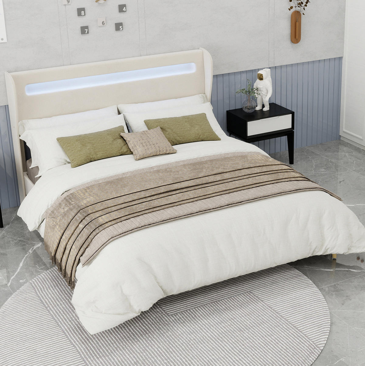 POLSTERBETT 160/200 cm beige aus Stoff und Metall mit LED und verstellbarer Rückenlehne - Beige, Textil (160/200cm) - OKWISH
