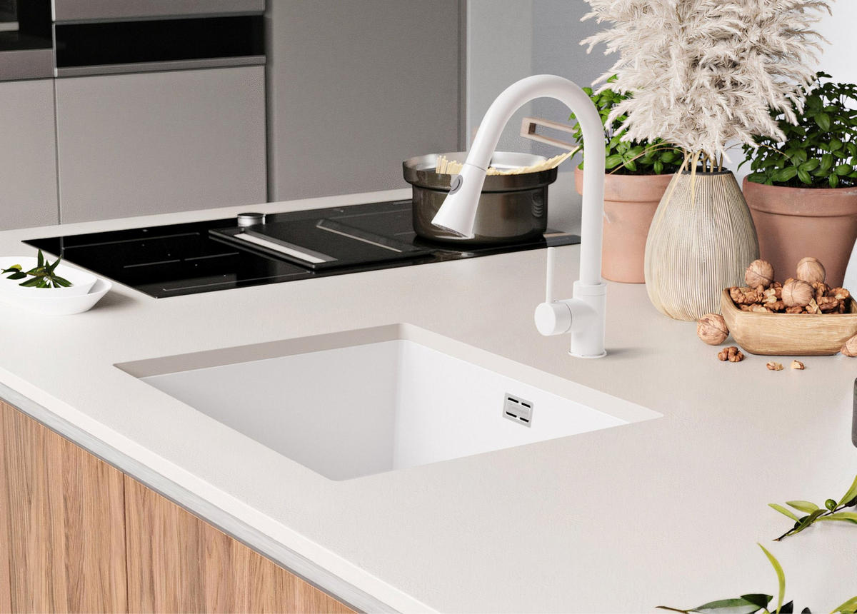 UNTERBAUSPÜLE GRANIT London, 2-er set Weiß 56/47 cm 1 Becken + Küchenarmatur 32/20 cm + Ablauf-Set ab 60er Unterschrank - Chromfarben/Weiß, Kunststoff (56/20/47cm) - Primagran