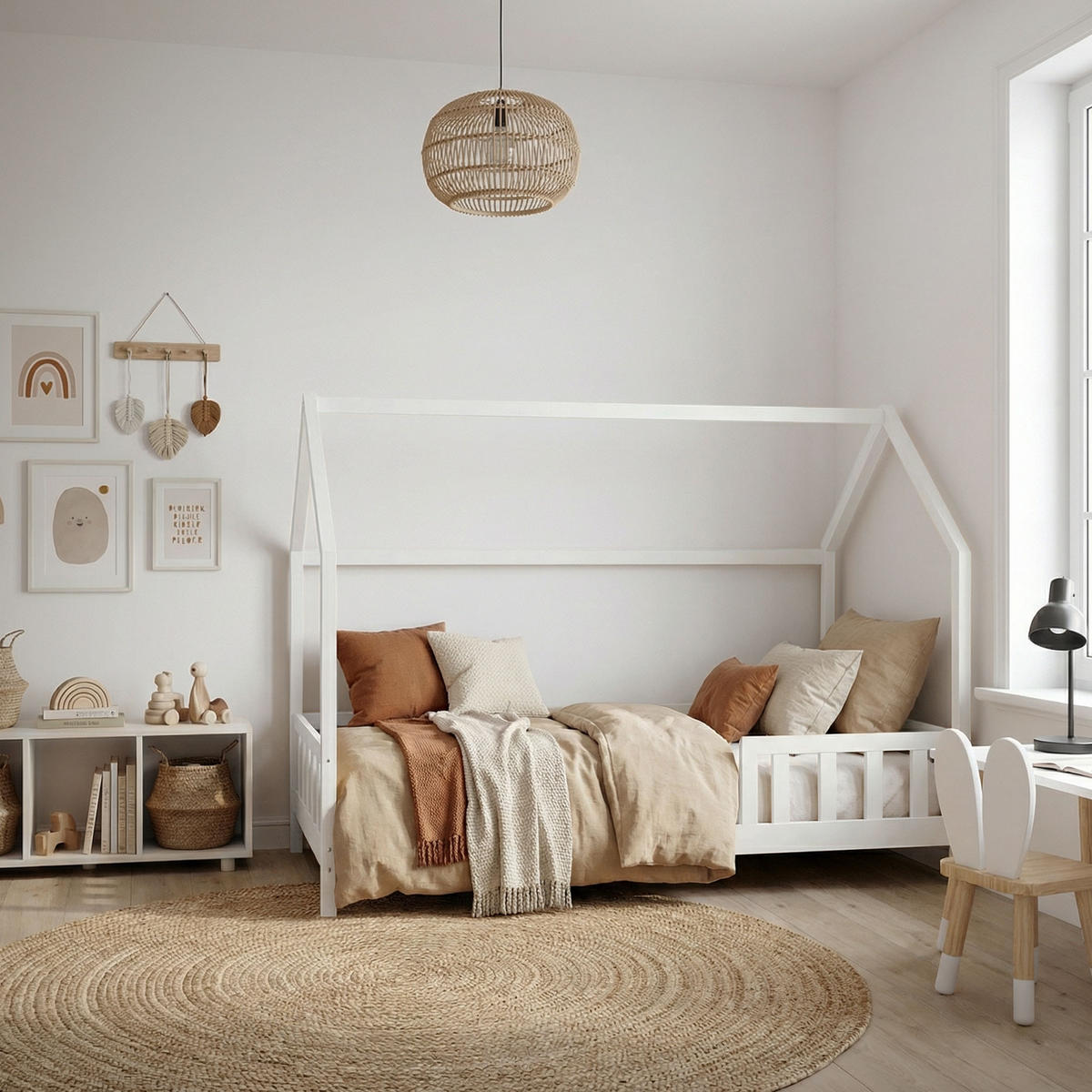 DĚTSKÁ POSTEL 120x200 cm s matrací a ochrannou zábranou proti vypadnutí, bílá, z borového dřeva - bílá, dřevo (120/200cm) - ML-DESIGN