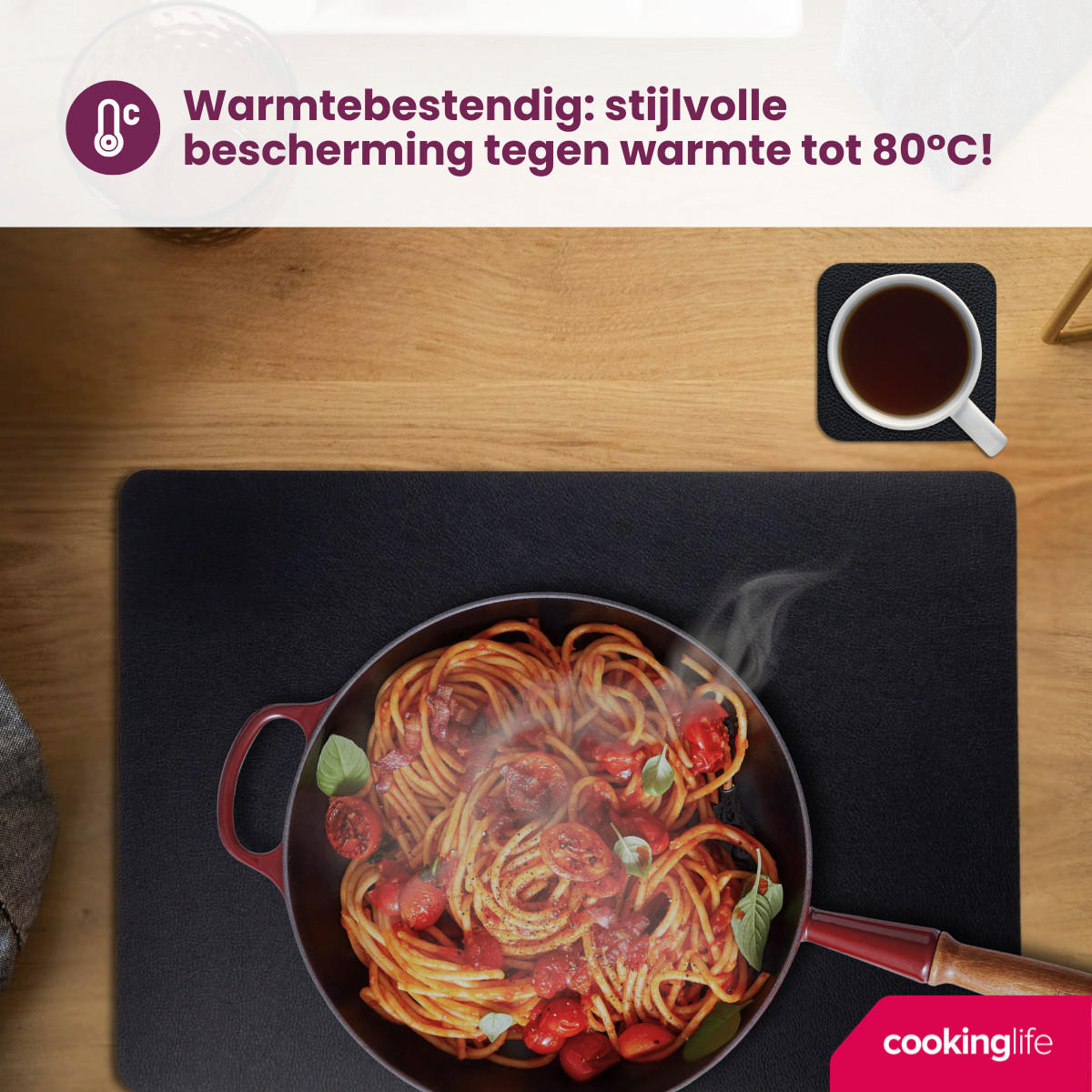 COOKINGLIFE 6 Platzsets + 6 Untersetzer - Veganes Leder - Schwarz - 12 Stück - Schwarz, Kunststoff (2/1cm) - Cookinglife