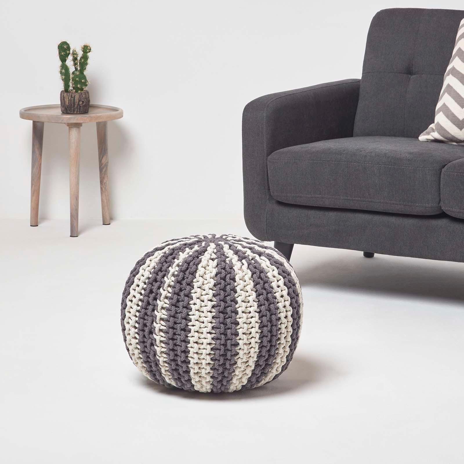 STRICKPOUF rund, grau-creme gestreift, 40/40/35 cm - Grau, Textil (40/35/40cm) - Homescapes