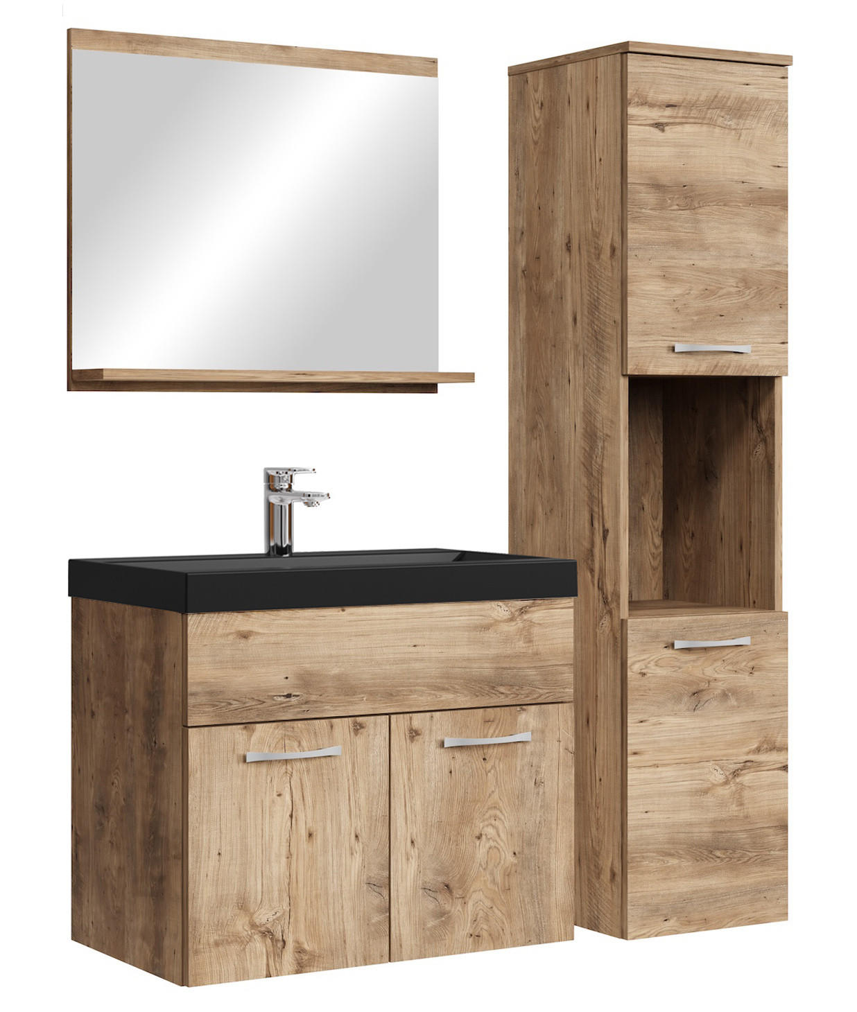 BADMÖBEL-SET Montreal 4 Teile Kastanien Eiche - Schwarze Waschbecken - 60 x 35 x 51 cm - Eichefarben/Schwarz, Holz (60/51/35cm) - Badplaats