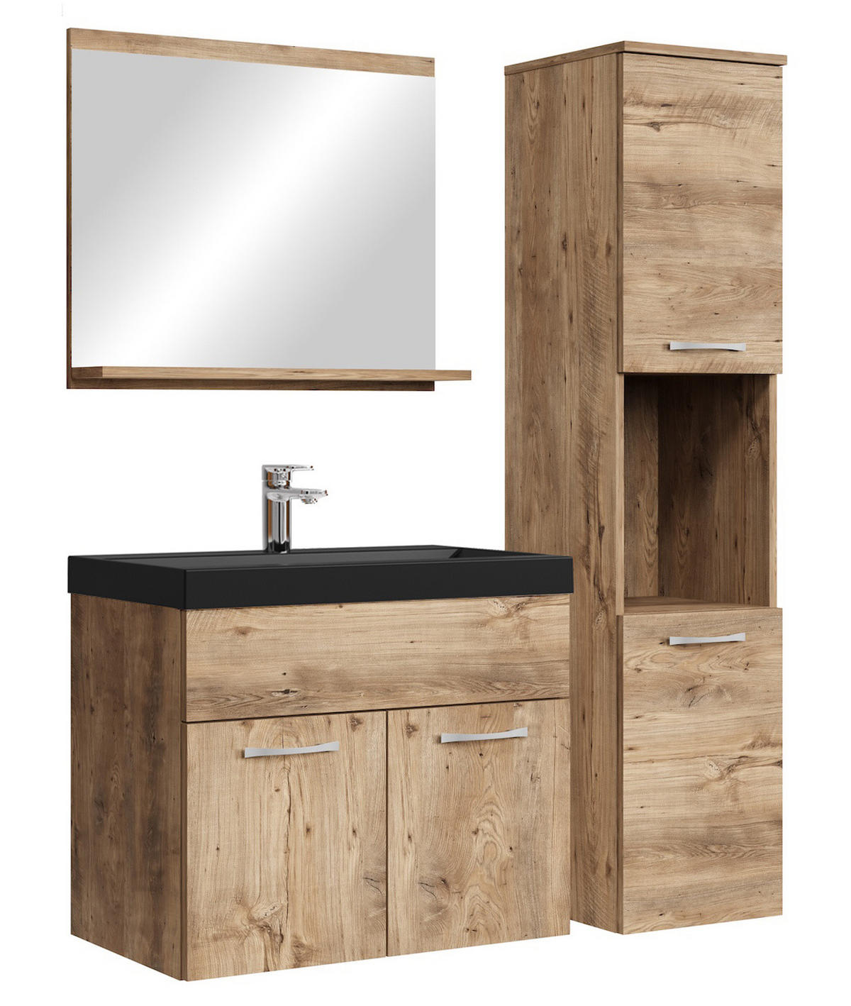 BADMÖBEL-SET Montreal 4 Teile Kastanien Eiche - Schwarze Waschbecken - 60 x 35 x 51 cm - Eichefarben/Schwarz, Holz (60/51/35cm) - Badplaats