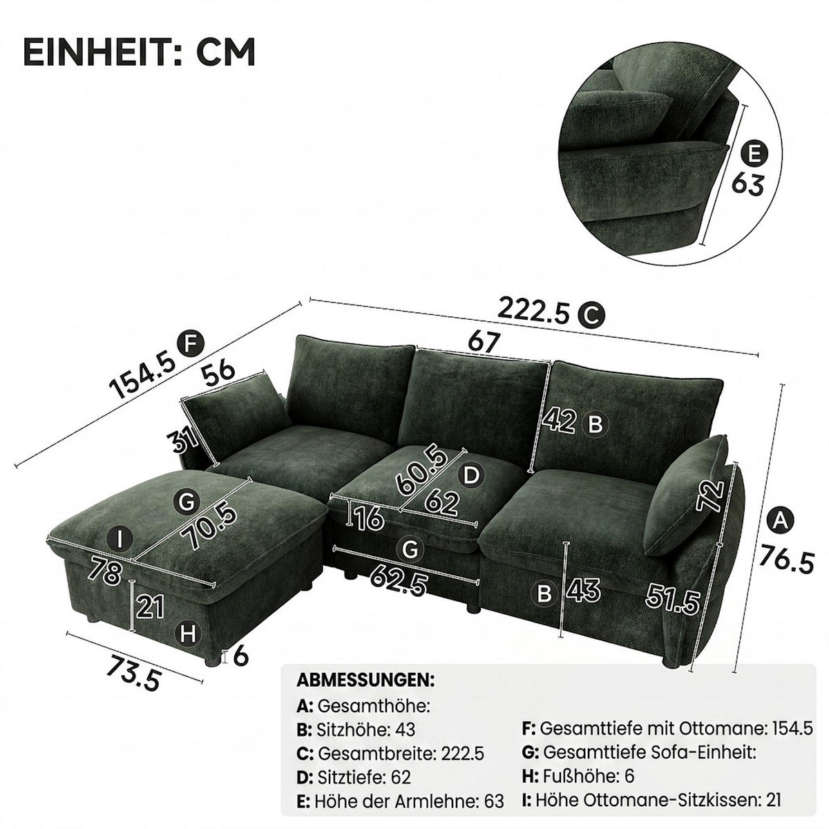 ECKSOFA 222.5/154.5/76.5 cm Dunkelgrün Chenille mit 1 Fußhocker - Dunkelgrün, Textil/Metall (222.5/154.5cm) - Oxeza