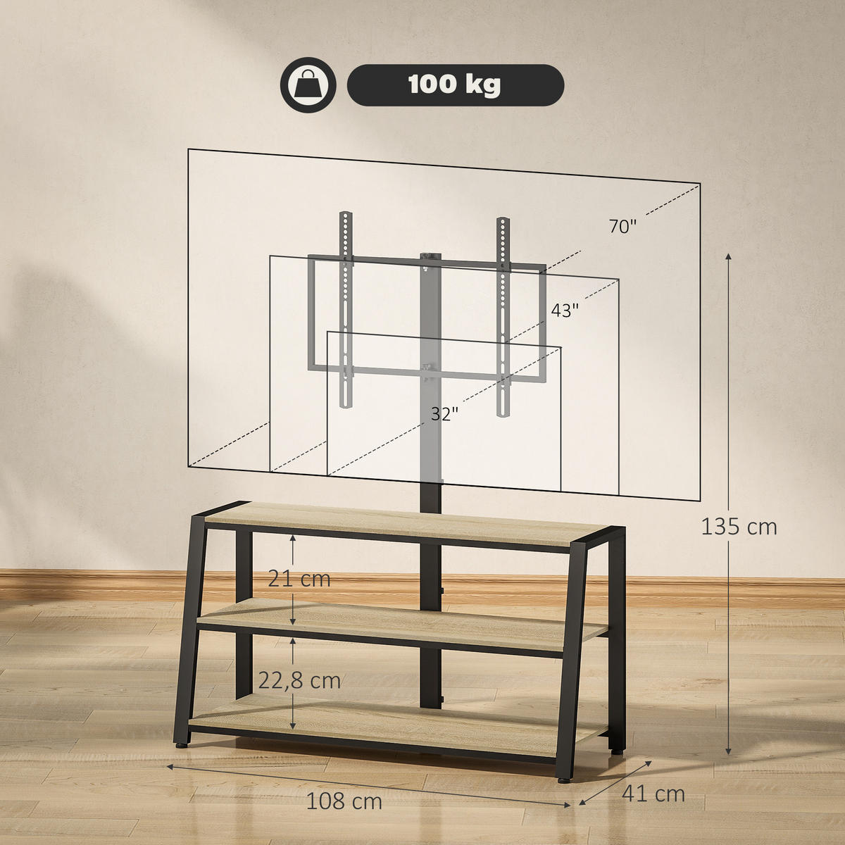 TV-SCHRANK Natur/Schwarz 108/41/135 cm, Schwenkbare Halterung, Offene Fächer, Holzoptik - Naturfarben, Holzwerkstoff (108/135/41cm) - PANGIVO