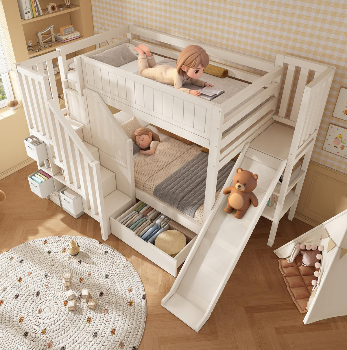 ETAGENBETT 90x200 cm in Weiß mit Rutsche & Stauraum - Weiß, Holzwerkstoff (90/200cm) - Modfu
