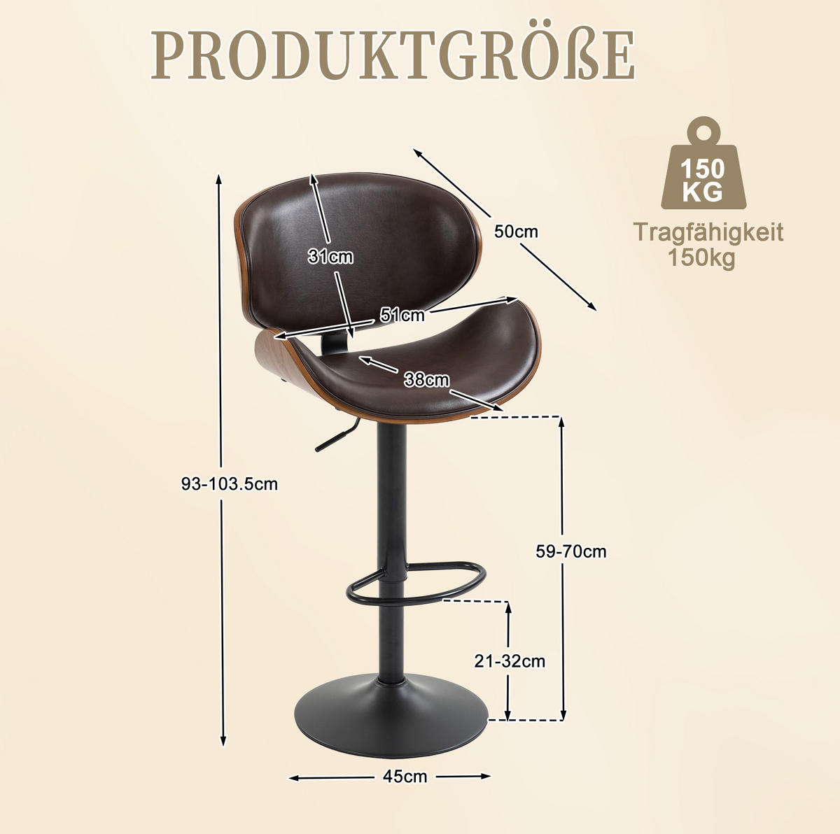 BARHOCKER drehbar höhenverstellbar 2er-Set PU-Leder Braun - Braun, Metall (50/93/51cm) - Meubliv