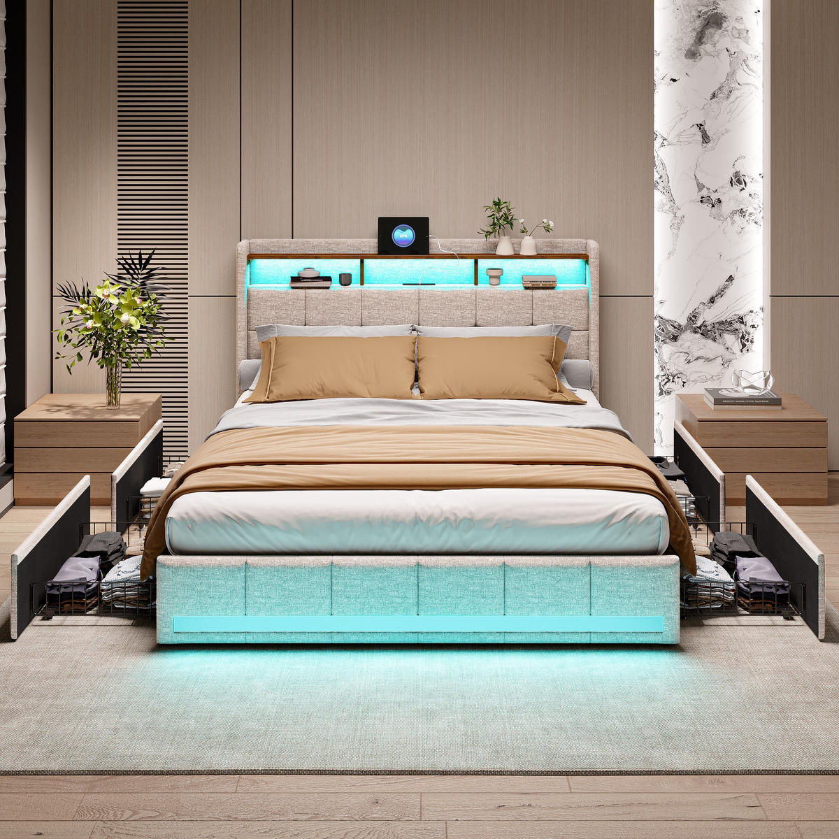 POLSTERBETT 140/200cm, mit 4 Schubladen, LED, USB-Anschluss, aus Leinen, beige - Beige, Holzwerkstoff (140/200cm) - Brevoria