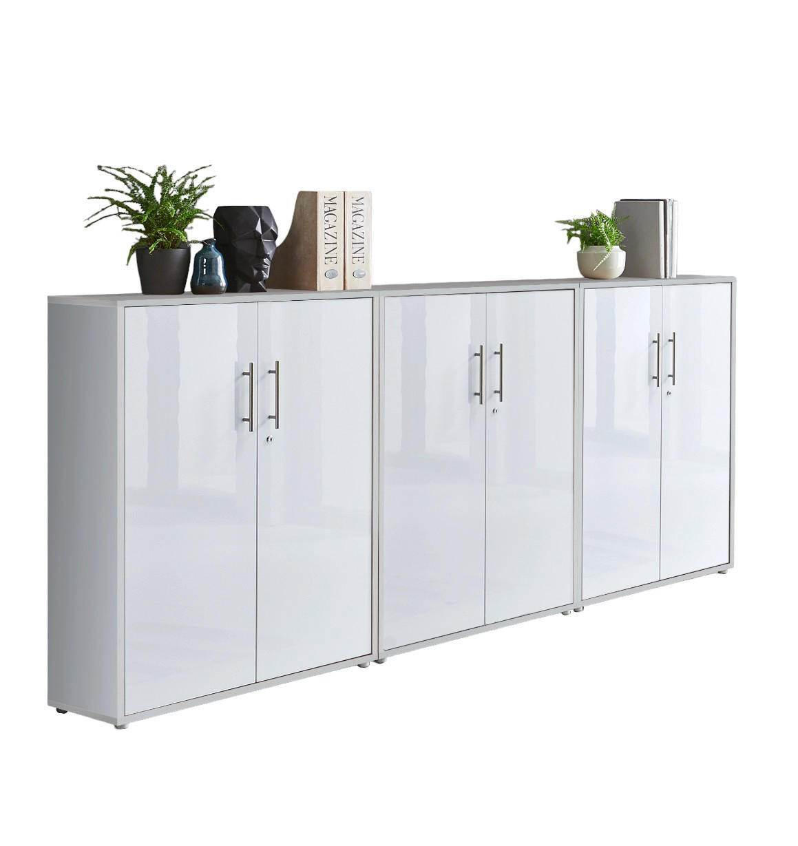 BÜROMÖBELSET 3-tlg. lichtgrau / weiß Hochglanz - Weiß Hochglanz/Hellgrau, Holz (253.2/113.6/33cm)