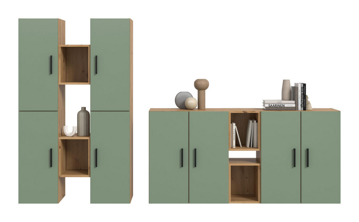 WOHNWAND Primo 4 tlg. (B/H/T: ca. 270/182/34 cm) in Artisan Oak /Smoke Green - Eiche Artisan, Holzwerkstoff (270/182/34cm)
