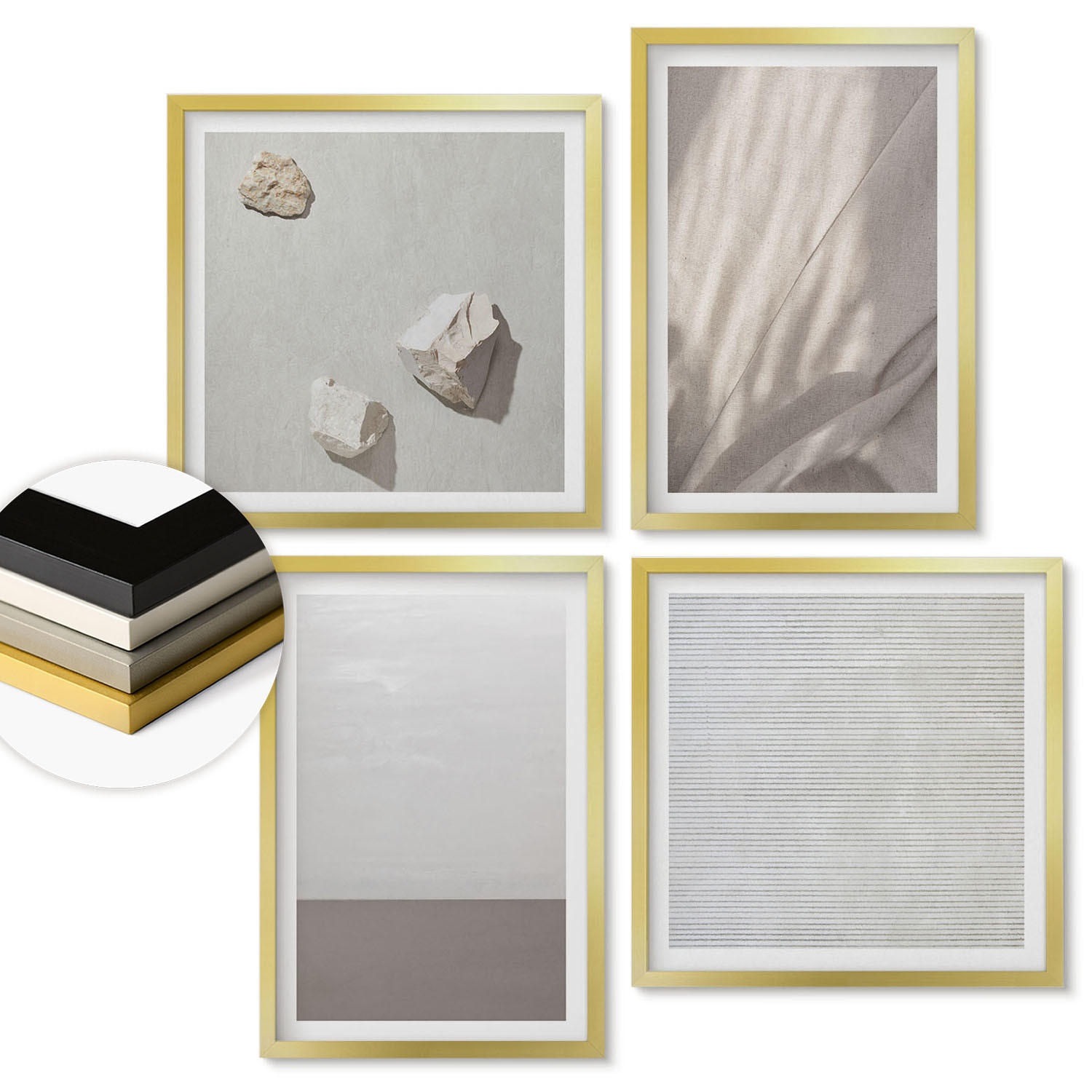 WANDBILDER 4er Set - 50x50 cm & 40x60 cm Goldrahmen - Zarte Boho-Texturen der Natur - Goldfarben, Kunststoff (50/50cm) - ArtPrintCave