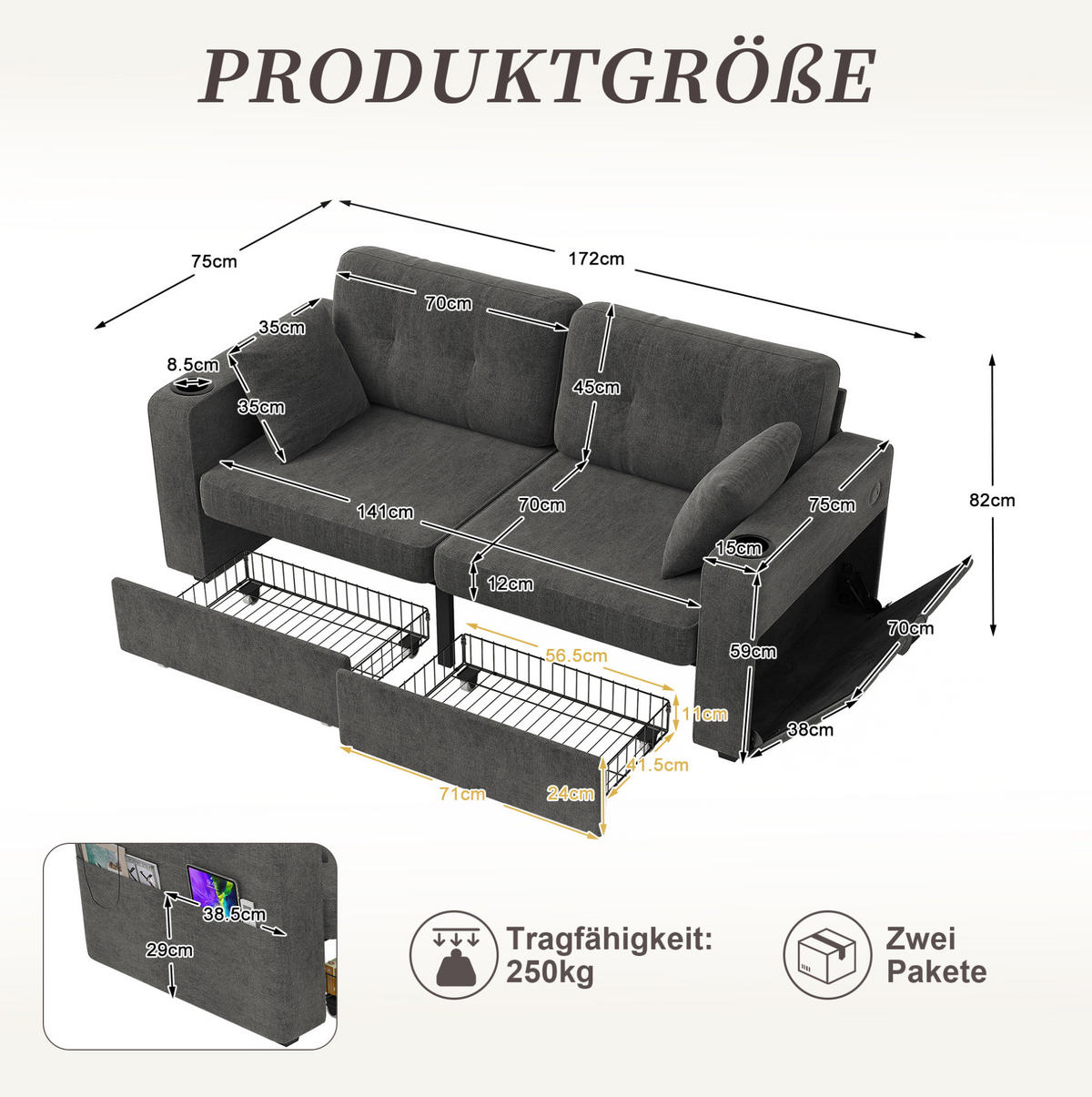 2-SITZER aus Chenille 172x75x82 cm in Grau mit USB-Anschlüssen & Stauraum - Grau, Textil (75/82/172cm) - Modfu