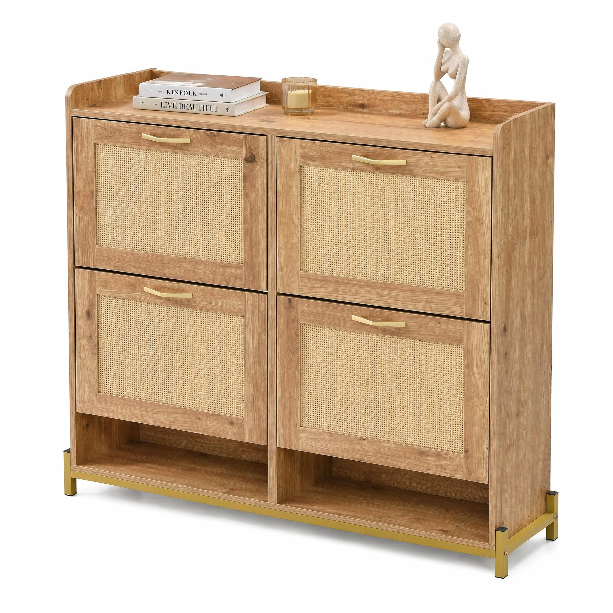SCHUHSCHRANK in Naturfarben mit Rattantüren, 4 Türen, Metallrahmen und oberem Regal für Flur , B108.5/T24/H100cm - Goldfarben/Naturfarben, Holzwerkstoff/Metall (105/100/24cm) - STILVORA
