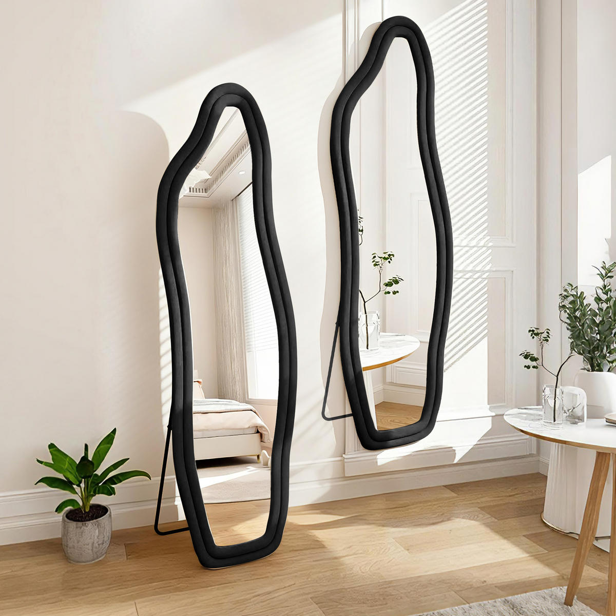 STANDSPIEGEL 45 x 140 cm, Wellenmuster, mit Wellenfuß, schwarz - Schwarz, Metall (45/140/3cm)